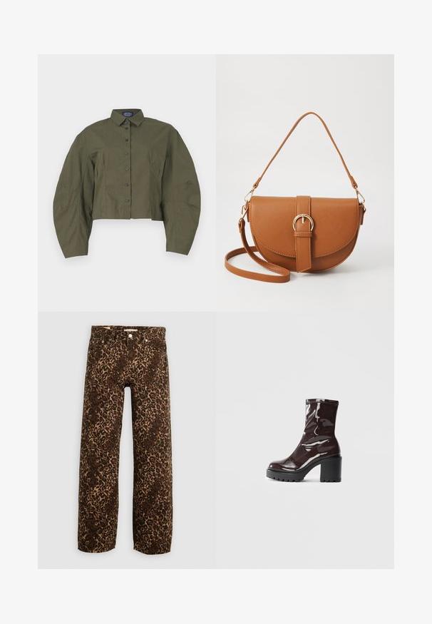 Camisa verde-oliva, cortada, com colarinho estruturado, mangas longas bufantes e botões pretos. Tecido suave com textura mínima.; Calças largas de ganga com padrão de leopardo em castanho e bege. Feitas de ganga, apresentam um design clássico de cinco bolsos e detalhes em metal.; Bota de tornozelo burgundy brilhante com um salto preto robusto, apresentando uma textura suave e um design simples. Sem fechos ou padrões visíveis.; Bolsa transversal de couro castanho com um formato curvado, ferragens douradas e um detalhe de fivela. Inclui uma alça de ombro destacável.