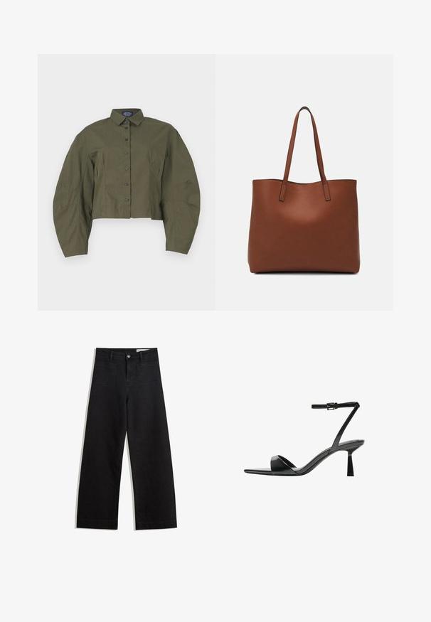 Camicetta verde oliva a maniche lunghe, con colletto strutturato e maniche a sbuffo, bottini neri. Tessuto liscio con minime texture.; Pantaloni in denim neri a gamba larga con vita alta, dotati di tasche anteriori e posteriori, cuciture a punto, e chiusura con bottone. Texture liscia.; Bershka Sandali con tacco - black; Borsa tote in pelle marrone con texture liscia, design con apertura superiore e due spallacci. Presenta cuciture minime e nessun hardware visibile.