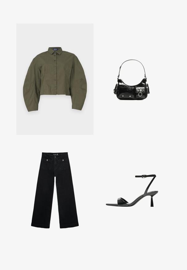 Skraćená, olivovo zelená košela s tlačiteľnými golierom, naberanými dlhými rukávmi a čiernymi gombíkmi. Hladká tkanina s minimálnou textúrou.; Čierne široké nohavice s vysokým pásom, s dvoma prednými vreckami a kovovými detailmi na gombíku. Tkanina má hladkú textúru.; Bershka Sandále na vysokom opätku - black; Čierna laková kožená kabelka s ohnutým tvarom, jedným ramenným popruhom, prednými vreckami a striebornými kovovými doplnkami.