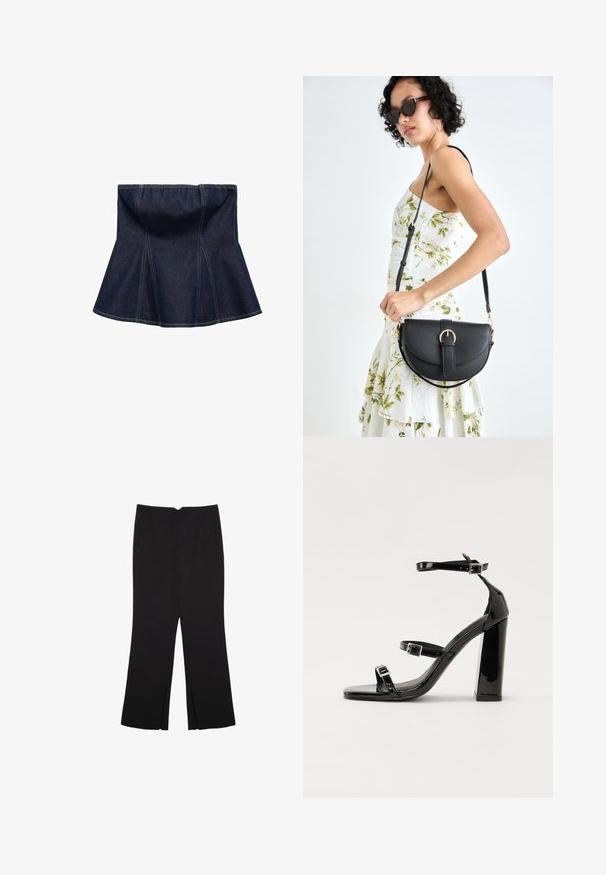 Dark blue denim skirt with flared design, featuring vertical seams and a smooth texture. No visible hardware or accents.; Black trousers with a straight fit, featuring front pockets and side slits at the hem. Made of soft, smooth fabric. Suitable for various occasions.; Black patent heeled sandals with a square toe, ankle straps, and silver buckles. Features a chunky block heel for stability.; Black leather handbag with a curved shape, detachable strap, and gold hardware. The bag features a flap with a buckle detail.