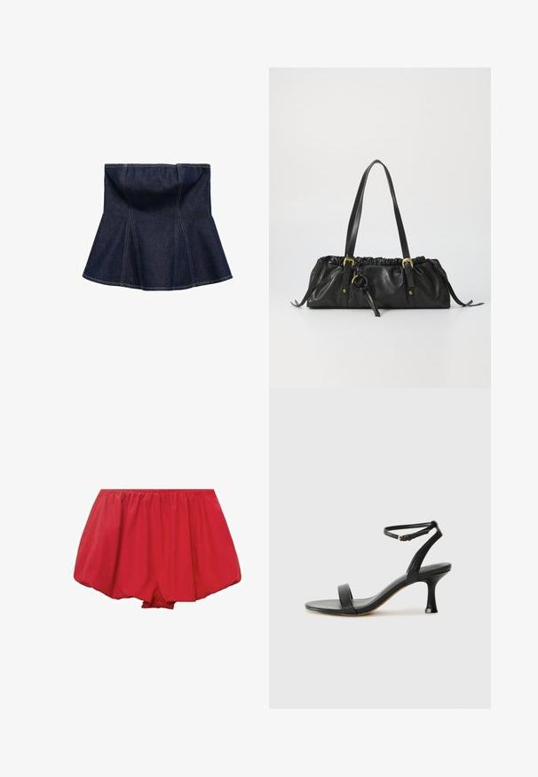 Tamno plava traper suknja s izbačenim dizajnom, s vertikalnim šavovima i glatkom teksturom. Bez vidljivih metalnih dijelova ili ukrasa.; Crvene, lagane šorceve s elastičnom trakom. Imaju široki, lepršavi dizajn i nabran materijal za opušteni izgled.; Crne kožne sandale na visokom petu s remenom oko gležnja, s elegantnim dizajnom, otvorenim prstima i suženim petom za elegantnu siluetu.; Crna kožna torba s naboranim vrhom, dva remena za rame, zlatni hardver i središnji kružni naglasak. Glatka tekstura, kompaktni oblik.