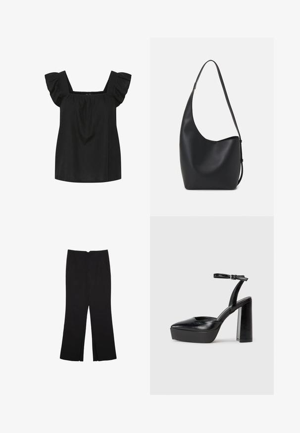 Svart topp med fyrkantig halsringning, korta volangärmar och samlad tygdetalj vid bysten. Tillverkad av lätt material, avslappnad passform.; Svarta byxor med rak passform, utrustade med framfickor och sidoklyvningar vid fållen. Tillverkade av mjukt, slätt tyg. Lämpliga för olika tillfällen.; Svarta plattformsskor med spetsig tå och justerbart vristband. Tillverkade av mjukt läder, med en kraftig blockklack.; Svart läder hobo-väska med en slät textur, kurvig form och en justerbar axelrem; har en bred öppning upptill.