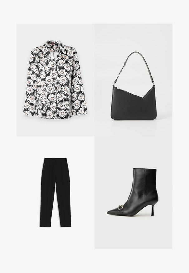 Mustapaita, jossa on suuria valkoisia päivänkakkaroita oransseilla keskustalla. Ominaisuuksina klassinen kaulus ja pitkät hihat rentoa istuvuutta varten.; Mustat housut suoran istuvuuden kanssa, joissa on kaksinkertaiset laskokset, sileä pinta ja klassinen vyötärönauhan muotoilu. Ei näkyviä metalliosia tai koristeita.; Musta nahkasaapas nilkkapituisilla, terävillä kärjillä, hoikalla keskipituisella korolla ja hopeavöillä sivussa yksinkertaista taustaa vasten.; Musta nahkakäekott kolmnurga kujuga, peene rihmaga ja hõbedaste detailidega. Omab lukuga sulgemist ja esiküljel on reljeefne logo.