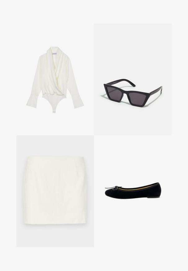 Body bianco a maniche lunghe con davanti drappeggiato, vestibilità tailored, maniche a campana e chiusura a snap sul fondo. Realizzato in tessuto liscio.; Gonna mini bianca in lino con taglio dritto, dotata di tasche laterali e una texture liscia. Nessun motivo o accento visibile.; Pantofole da balletto in velluto nero con punta rotonda, piccola applicazione a fiocco sul davanti e una fodera interna gialla a contrasto.; Occhiali da sole neri e angolari con lenti grigie; realizzati in plastica, con aste spesse dalla superficie liscia e senza hardware visibile.