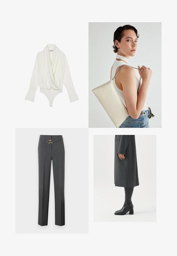 White long-sleeve bodysuit with a draped front, tailored fit, flared cuffs, and a snap closure at the bottom. Made of smooth fabric.; Dark gray tailored women's trousers with straight legs and a thin matching belt featuring a gold-tone buckle.; Gray, tailored overcoat with a straight cut; paired with knee-high black leather boots featuring a square toe and chunky heel.; White rectangular clutch bag made of glossy material, featuring a silver chain strap. Model poses, showcasing the bag against a plain background.
