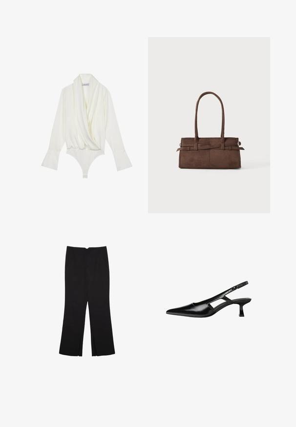 Bela dolga majica z dolgimi rokavi z drapirano sprednjo stranjo, prilegajočim krojem, širokimi manšetami in zapiranjem na dnu z gumbom. Narejena iz gladkega blaga.; Črne hlače ravnega kroja z naglavnimi žepi in stranskimi razporki na robu. Narejene iz mehke, gladke tkanine. Primerne za različne priložnosti.; Črne patentični usnjeni salonarji s slingback designom, z zašiljenim nosom, izrezanim stranskim dizajnom in majhnim kvadratnim peto. Gladka tekstura z minimalnimi detajli.; Rjava semiš torba z dvema robustnima ročajema, pravokotne oblike in dekorativnim trakom po sprednji strani.