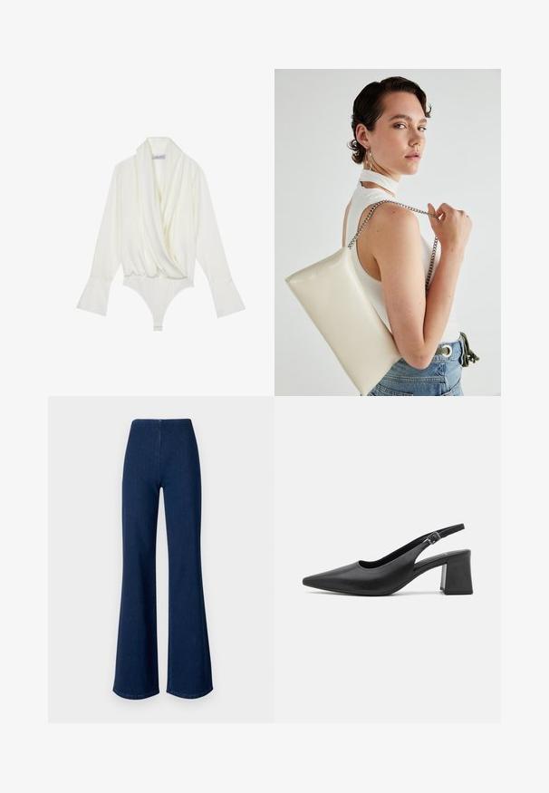 Balts garās piedurknes bodijs ar drapētu priekšpusi, pielāgotu piegriezumu, plandām aprocēm un spiedpogu aizdari apakšā. Izgatavots no gludas auduma.; Tumši zili platā piegriezuma džinsi, izgatavoti no denima ar elastīgu jostasvietu. Iespējas iekļauj gludu tekstūru un plašu kāju dizainu, kas stiepjas līdz apakšmalai.; Melnas ādas sadalītās augstpapēžu kurpes ar smailo purngalu un masīvu bloka papēdi. Iekļauta regulējama siksna ar metālisku sprādzi.; Balts taisnstūra clutch soma, izgatavota no spīdīga materiāla, ar sudraba ķēdes siksnu. Modelis pozē, demonstrējot somu uz vienkārša fona.