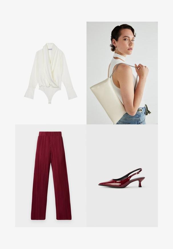 Body alb cu mânecă lungă, cu un design drapat în față, croială ajustată, manșete evazate și închidere cu capse în zona inferioară. Fabricat dintr-un material neted.; Pantaloni largi plisati de culoare vișinie, cu talie elastică. Țesătură texturată cu dungi verticale. Croială dreaptă până la tiv.; Sandale cu toc din piele patent burgundy, cu vârful ascuțit și toc stiletto elegant. Design cu spatele deschis și detaliu cu curea pentru gleznă ajustabilă.; Geantă de clutch rectangulară albă, realizată dintr-un material lucios, având o curea de lanț argintie. Modelul pozează, evidențiind geanta pe un fundal simplu.