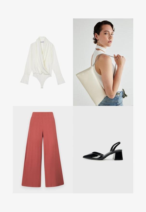 Vit långärmad bodysuit med draperad front, skräddarsydd passform, utsvängda ärmar och tryckknappslås i botten. Tillverkad av slät tyg.; Vida byxor i rostfärg, gjorda av texturerat tyg med vertikal ribbning. Har en hög, elastisk midjeresår.; Svarta lackläder slingback klackar med spetsig tå och geometrisk klack. Har en elegant, minimalistisk design och slät yta.; Vitt rektangulärt clutch-väsk i glänsande material, med en kedjesnor i silver. Modellen poserar och visar upp väskan mot en neutral bakgrund.