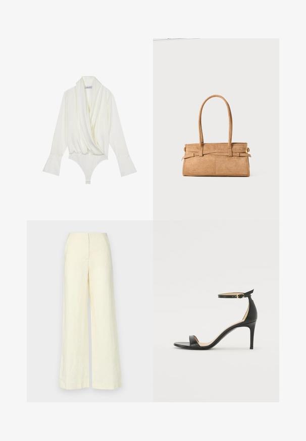 White long-sleeve bodysuit with a draped front, tailored fit, flared cuffs, and a snap closure at the bottom. Made of smooth fabric.; Faithfull the brand LULEA PANT - Trousers - white; Black leather high-heeled sandal with an ankle strap. Features a smooth texture, open toe, and a thin heel. Gold-toned buckle detail.; Tan suede handbag with two long handles, rectangular shape, and decorative stitching. Features a side strap and subtle gold hardware accents.