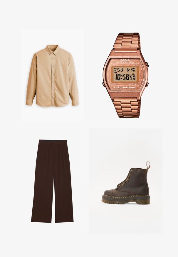 Levi's® AUTHENTIC BUTTON DOWN - Vapaa-ajan kauluspaita - muir woods safari garment dye; Valkoinen puuvillainen hihaton paita, jossa on pyöreä kaula-aukko, leveät olkaimet ja suora helma. Paidan tekstuuri on sileä, eikä siinä ole näkyviä kuvioita.; Ruske leve široke hlače z gubami. Narejene so iz gladkega blaga, z oblikovanim pasom in stranskimi žepi. Ravna obleka na dnu.; Ruske nahkasaapad ankliaukolla, pyöreällä kärjellä, kontrastivärisin keltaisin tikkausin, koristeellisin metallisilmukoita ja uritetulla kumipohjalla.; Digitaalinen Casio-kello, jossa on ruusukultainen metalliranneke, suorakaiteen muotoinen kuori, valaistu näyttö ja vedenkestävyys, näyttää ajan ja päivämäärän.
