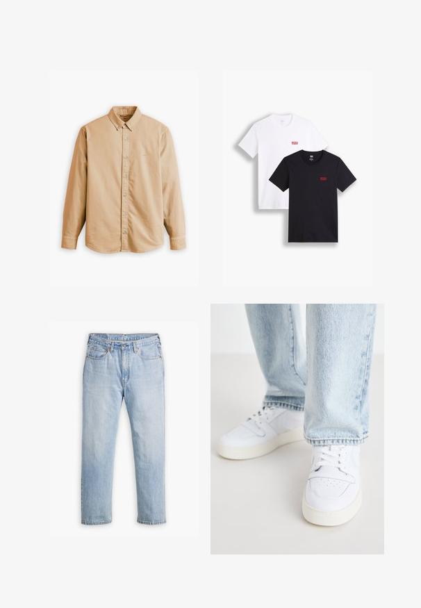 Levi's® AUTHENTIC BUTTON DOWN - Marškiniai - muir woods safari garment dye; Du mieli trumpi rankoviai marškiniai: vieni balti, kiti juodi. Abu pagaminti iš medvilnės, su raudona Levi's logotipu ant krūtinės. Paprastas apvalaus kaklo dizainas.; Šviesiai mėlynos džinsinės kelnės su tiesiu kirpimu, penkių kišenių stiliumi ir kontrastingomis siūlėmis. Mygtuko ir užtrauktuko uždarymas juosmens srityje.; Balti odiniai žemi modeliai kedai su perforuota nosimi, plokščiomis raištelėmis ir minimalistiniu dizainu. Suderinti su šviesiai mėlynomis džinsinėmis kelnėmis.