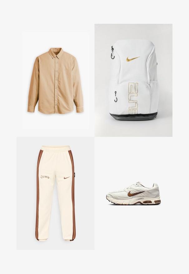 Levi's® AUTHENTIC BUTTON DOWN - Pluus - muir woods safari garment dye; Kreemjad joggers pruuni külgtriibuga, millel on "The Town" logo ja Nike swoosh. Elastne vöökoht ja ribadest mansetid. Pehme, sile materjal.; Nike tossud heled hallist tooni, millel on tekstureeritud võrgusilma ülemine osa, pruunid aktsendid ja polsterdatud tald. Kergete omadustega disain, ümar varvas ja paeltega kinnitamine.; Nike seljakott valge värviga, kuldse logo ja "ELITE" tekstiga, tõmblukkidega, võrkküljetaskutega ja musta alusega. Sile tekstuur.