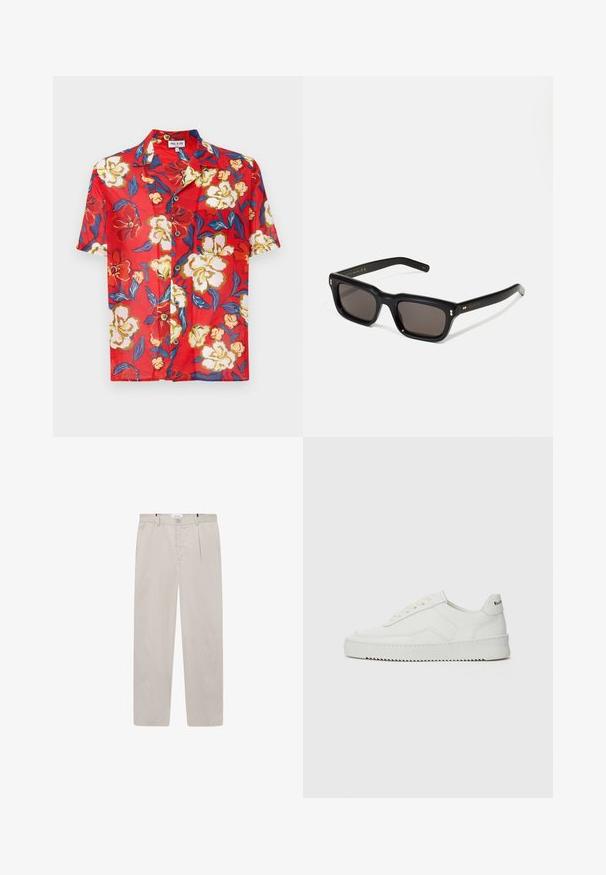 Rotes kurzärmliges Hemd mit floralem Muster in Creme, Gelb und Blau, mit Knopfleiste und klassischem Kragen.; Weißes Baumwoll-T-Shirt mit auffälligem schwarzen und orangen Grafikunterschrift "NEOLITHIC REVOLUTION" und abstrakten menschlichen Figuren.; Helle beigefarbene Hose aus weichem Stoff, mit geradem Schnitt, zwei seitlichen Taschen und einem Frontknopfverschluss. Leicht und mit glatter Textur.; Weiße Ledersneaker mit glatter Oberfläche, runder Zehenpartie, flachen Schnürsenkeln und strukturiertem Sohlenprofil. Mit einem dezenten Logo an der Ferse.; Schwarze rechteckige Sonnenbrille mit dunklen Gläsern, dickem Kunststoffrahmen, goldenen Akzenten an den Bügeln und eingraviertem Markenlogo am Arm.
