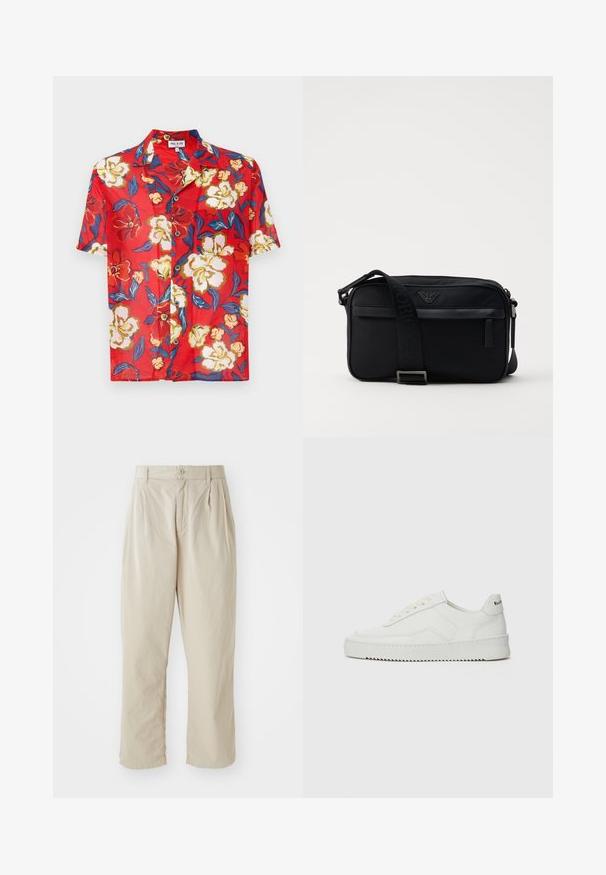 Camicia rossa a maniche corte con un motivo floreale in crema, giallo e blu, con chiusura a bottoni e un design colletto classico.; Pantaloni beige leggeri con vestibilità rilassata, pieghe cucite davanti, chiusura con bottone e orli risvoltati. Texture liscia, design minimal.; Sneaker in pelle bianca con una finitura liscia, punta rotonda, lacci piatti e suola testurizzata. Presenta un logo discreto sul tallone.; Borsa a spalla in nylon nero con una tracolla a contrasto, forma rettangolare elegante, dettagli del logo e tasca con zip sulla parte frontale.