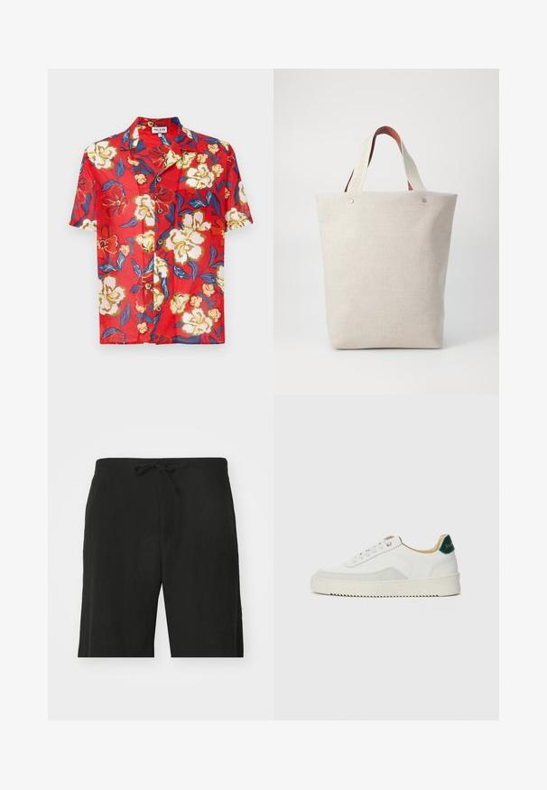Czerwona koszula z krótkim rękawem z kwiatowym wzorem w kolorze kremowym, żółtym i niebieskim, z zapinaniem na guziki i klasycznym kołnierzykiem.; Czarne lniane szorty z przeszyciem w talii, charakteryzujące się luźnym krojem i długością do kolan. Gładka faktura, prosty i klasyczny styl.; Białe trampki z zamszowymi akcentami, zaokrąglony czubek, płaskie sznurowadła i kremowa gumowa podeszwa. Posiadają zielone logo na pięcie.; Torba na ramię w jasnym beżowym materiału o fakturowym wykończeniu, z dwoma kontrastowymi brązowymi skórzanymi uchwytami i metalowymi akcentami u góry.