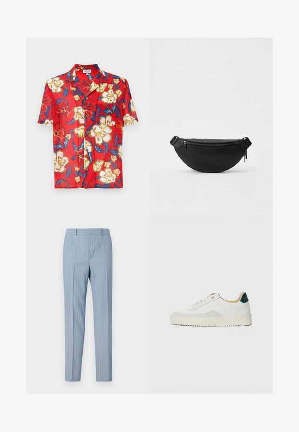 Camisa corta de manga roja con un estampado floral en crema, amarillo y azul, con cierre de botones y un diseño de cuello clásico.; Pantalones de rayas azul claro con corte ajustado, que presentan rayas verticales en blanco. Fabricados con un tejido suave y un diseño a medida.; Zapatilla blanca con acentos de ante, puntera redondeada, cordones planos y suela de goma color crema. Presenta un logo verde en el talón.; Riñonera de cuero negro con un diseño curvado, cierre de cremallera superior, correa ajustable y textura pebble. Estilo minimalista con herrajes plateados.