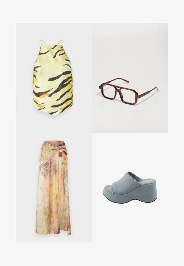 Rumena bluzica iz tkanine z vzorcem tigerjevih črt v črni in oranžni barvi, z ozkimi naramnicami in prilegajočim se krojem. Gladka tekstura, brez vidnih okovij.; Dolga, drapirana krila iz večplastne, teksturirane tkanine v toplih odtenkih rumene, oranžne in rjave barve. Ima dekorativen nakitni pas.; Svijetloplave platforme s natikačama, s izdrijemljenim gornjim dijelom od tkanine, otvorenim prstima, debljim zaobljenim potplatom i teksturiranim sivim đonom.; Rjavi prozorni preko velikh naočala s pravokutnim lećama i tankim okovima. Kutni, blago zaobljeni rubovi i vidljivi hardverski detalji.