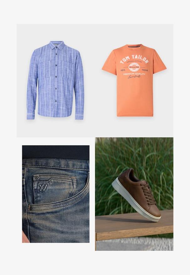 Camicia a maniche lunghe blu a righe, realizzata in tessuto leggero, con chiusura a bottone frontale, due tasche sul petto e un design del colletto classico.; T-shirt a maniche corte in arancione corallo con collo rotondo. Presenta testo grafico bianco e dettagli con logo sul davanti. Materiale in cotone.; Jeans di denim blu con una trama sbiadita, dotati di una tasca portamonete e un accento di logo nero sulla parte anteriore. La vita è in tessuto a coste blu scuro.; Sneaker in pelle marrone con suola in gomma bianca, punta arrotondata e lacci marroni. Grip testurizzato sulla suola e finitura liscia sulla parte superiore.