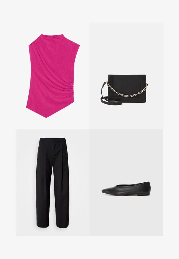Fukszia ujjatlan felső, drapált textúrával, amely egyedi aszimmetrikus formával és egy oldalon ráncolt részlettel rendelkezik.; Fekete nadrág laza szabással, pliszírozott elejével és övbújtatóival. Sima anyagú, egyenes szárú, oldalsó zsebekkel.; Fekete bőr balettcipő, hegyes orral, minimalista dizájn, sima textúra, alacsony sarkú, látható fémrész vagy díszítés nélkül.; Fekete bőr keresztpántos táska, sima textúrával, téglalap alakú és fém lánc részlettel az elején. Állítható pánttal ellátva.
