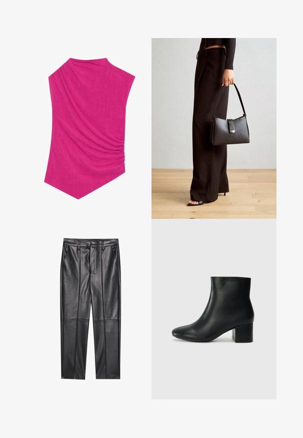 Fukszia ujjatlan felső, drapált textúrával, amely egyedi aszimmetrikus formával és egy oldalon ráncolt részlettel rendelkezik.; Fekete bőrnadrág sima textúrával, egyenes szabással, két elülső zsebbel és látható varrás részletekkel.; Fekete bőr bokacsizma hegyes orral és vastag sarokkal. Sima felület minimális díszítéssel és karcsú, passzos kialakítással.; Fekete kézi táska strukturált formával, sima textúrával és fémből készült záródással. Széles fekete nadrággal és nyitott orrú szandállal párosítva, fából készült padlón.