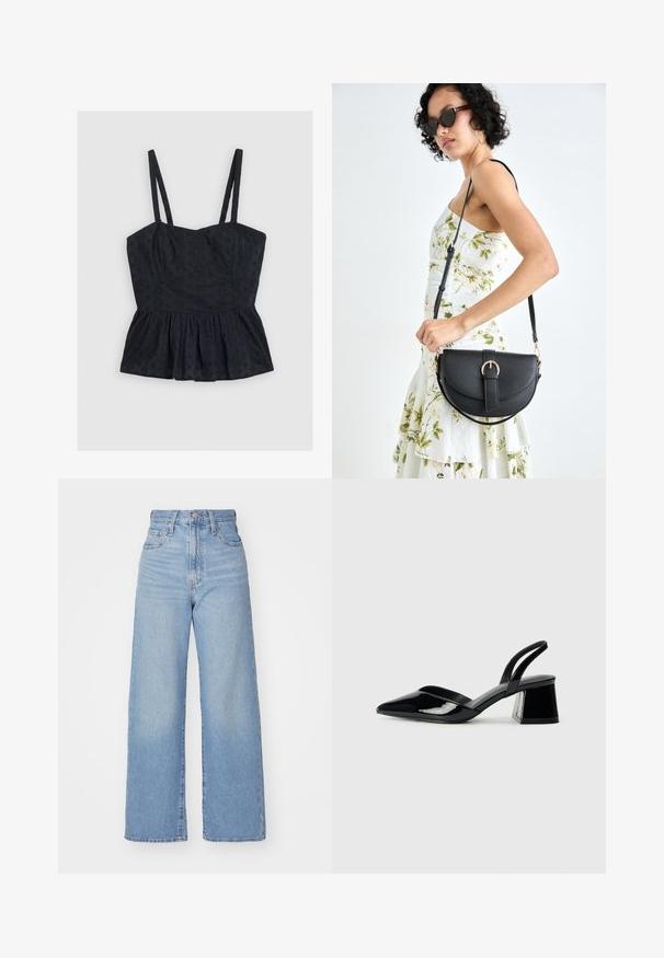 Schwarzes, ärmelloses Peplum-Top mit dünnen Trägern, das ein strukturiertes Blumenmuster und ein tailliertes Oberteil aufweist, aus weichem Stoff und mit fließendem Saum.; Hellblaue High-Waist-Weite-Leg-Jeans mit Knopf- und Reißverschluss vorne, Vorder- und Rückentaschen, auf weißem Hintergrund.; Schwarze Lackleder-Slingback-High Heels mit spitzem Schuh und einem geometrischen Blockabsatz. Verfügt über ein schlankes, minimalistisches Design und eine glatte Textur.; Schwarze Lederhandtasche mit geschwungener Form, abnehmbarem Tragegurt und goldenen Beschlägen. Die Tasche verfügt über einen Deckel mit einer Schnallen-Details.