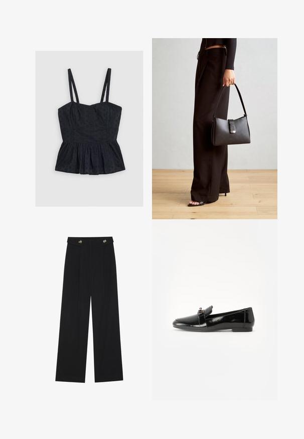 Svart, ermeløs peplum-topp med tynne stropper, med et teksturert blomstermønster og strukturert bol, mykt stoff og flagrende nederkant.; Svart vide bukser med høy midje, knappdetaljer på midjebåndet og frontplisser.; Svart lakkert lærloafer med flat såle, rund tå og en dekorativ rem med gulltonet akzent. Glatt, blank overflate.; Svart håndveske med strukturert form, jevn tekstur og metallisk lås. Kombinert med brede svarte bukser og sandaler med åpen tå på tregulv.