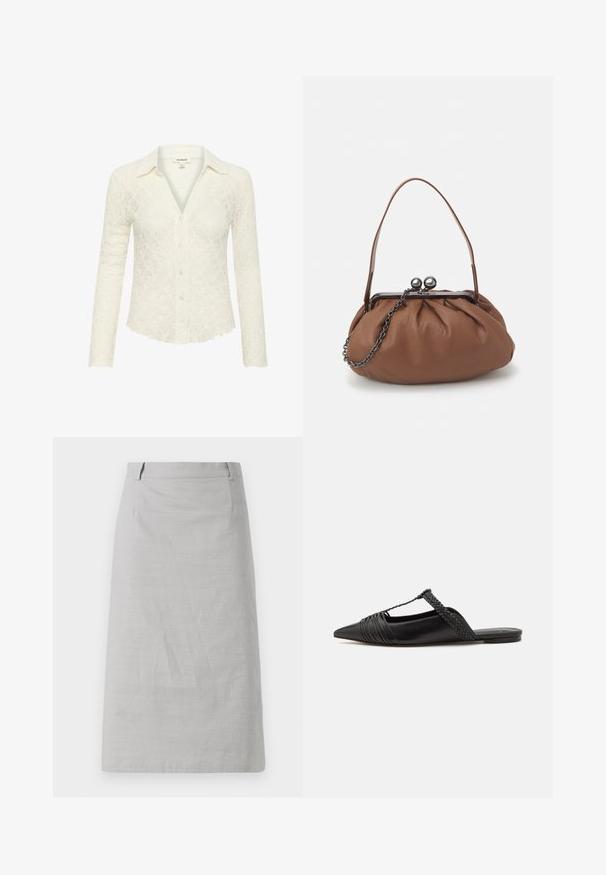 Spitzenbluse in Off-White mit knöpfbarem Ausschnitt, langen Ärmeln, strukturiertem Muster und gewelltem Saum.; Grauer Bleistiftrock mit glatter Textur, taillierter Form und flachem Bund, mit seitlichen Nähten und ohne sichtbare Muster oder Akzente.; Schwarzer Leder-Slingback-Schuh mit spitzem Zehenbereich, ausgestattet mit einem geflochtenen Akzent und einem gefalteten Oberdesign. Flache Sohle mit minimalem Zubehör.; Braune Leder-Handtasche mit gerafftem Design, einem kurzen Ledergriff und einem Kettenriemen. Sie verfügt über einen silbernen Metallverschluss mit zwei runden Akzenten.