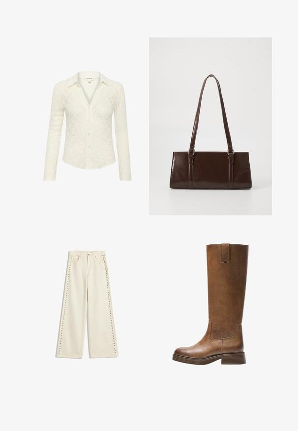 Lace button-up bluse i off-white, med krave, lange ærmer, tekstureret mønster og bølget kant.; Lysecreme brede jeans med metalnitter langs de ydre sømme, fem lommer og standard knaplukning.; Brune læderknæhøje støvler med rund tå, struktureret overflade og en stabelt lav hæl. Har en sidepanel og en løftestrop øverst.; Brun lakeret håndtaske med rektangulær form, to lange håndtag og subtile buede detaljer på fronten.
