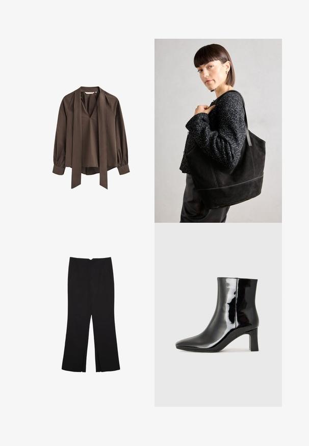 Blusa marrone a maniche lunghe con scollatura a V profonda, cravatta larga attaccata e polsini arricciati.; Pantaloni neri a gamba dritta, con tasche frontali e spacchi laterali all'orlo. Realizzati in tessuto morbido e liscio. Adatti a diverse occasioni.; Stivaletto in pelle verniciata nera con punta a punta e tacco a blocco di altezza media. Texture liscia e design minimalista.; Borsa tote nera in suede con una texture liscia, forma strutturata e cuciture a contrasto. Presenta lunghe tracolle per il trasporto a spalla.