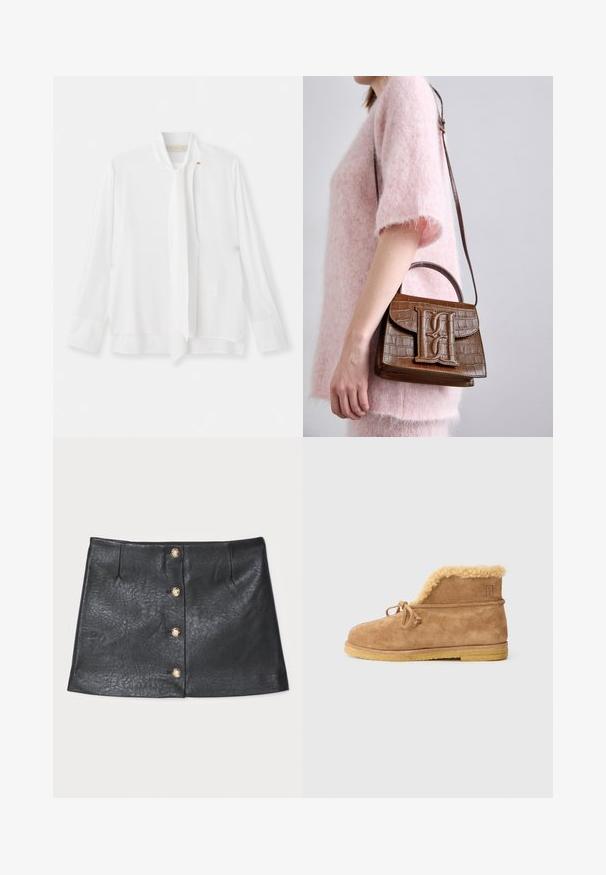 Vanessa Bruno ESTEBAN - Blúzka - ecru; Čierna kožená mini sukňa s elegantným dizajnom, predným zapínaním na gombík so zlatými akcentmi a textúrovaným povrchom s jemným leskom.; Hnedé semišové členkové topánky s fleecovou podšívkou, šnúrkovým detailom na prednej strane a plochou gumovou podrážkou na bielom pozadí.; Hnedá kabelka s embosovaným vzorom krokodíla, so spodnou rukoväťou a ramenným popruhom. Obsahuje výrazné logo na prednom klape. Mäkká textúra.