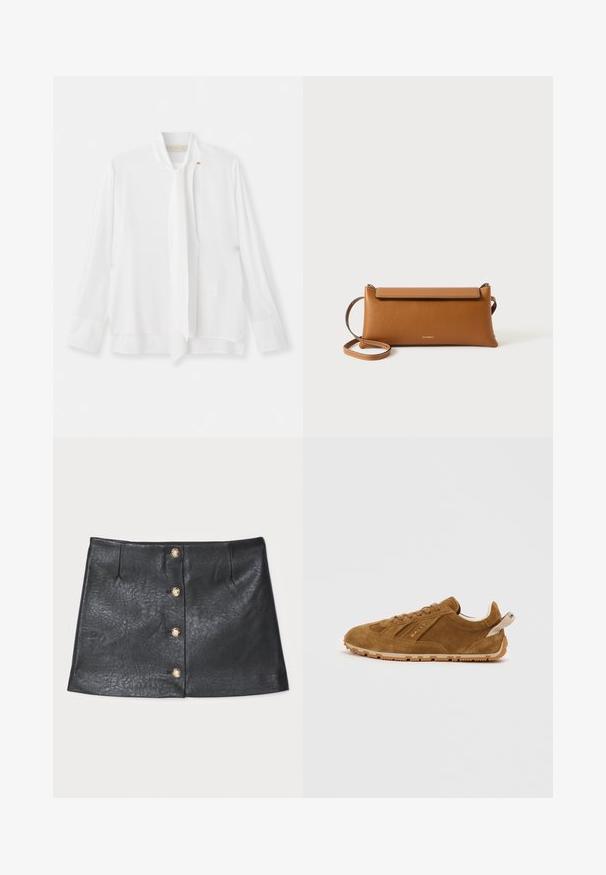 Vanessa Bruno ESTEBAN - Bluza - ecru; Črna usnjena mini krila z elegantnim dizajnom, sprednjim gumbom z zlatimi dodatki in teksturirano površino z nežnim leskom.; Suede rjave teniske z nizkim profilom, zavezovanjem spredaj in gumijastim podplatom. Opremljene so z diskretnimi detajli in zanka na peti.; Rjava usnjena torbica, pravokotne oblike, teksturirana površina, snemljiva zanka, zadrga, diskretno logotip vtisnjen spredaj.