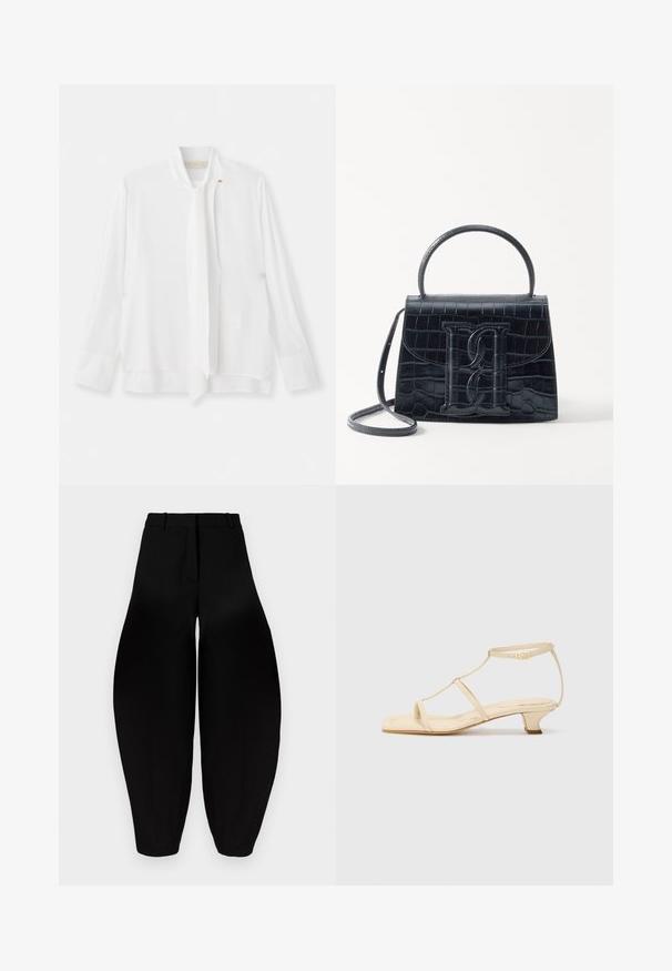 Vanessa Bruno ESTEBAN - Blouse - ecru; Black wide-leg trousers with a high waist, pleated front, and tapered ankles. Made from smooth fabric with a matte finish.; Beige heeled sandals with a T-strap design, square toe, adjustable ankle strap, and a low, block heel. Smooth leather material.; Black crocodile-embossed leather handbag with a structured design, top handle, adjustable strap, and a prominent front logo detail.