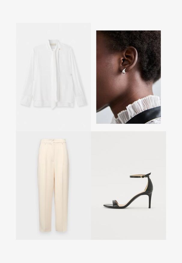 Vanessa Bruno ESTEBAN - Palaidinė - ecru; Bežinės pritaikytos kelnės su tiesiu kirpimu, su raukšlėmis priekyje, lygia tekstūra ir vidutinio aukščio juosmens. Nematomos kišenės.; Juodos oda aukštakulniai sandalai su kulkšnies dirželiu. Pasižymi lygiu paviršiumi, atviru pirštu ir plonu kulnu. Auksinės spalvos sagties detalė.; Maria Black SAGENE TRAIL HUGGIE - Auskarai - silver-coloured