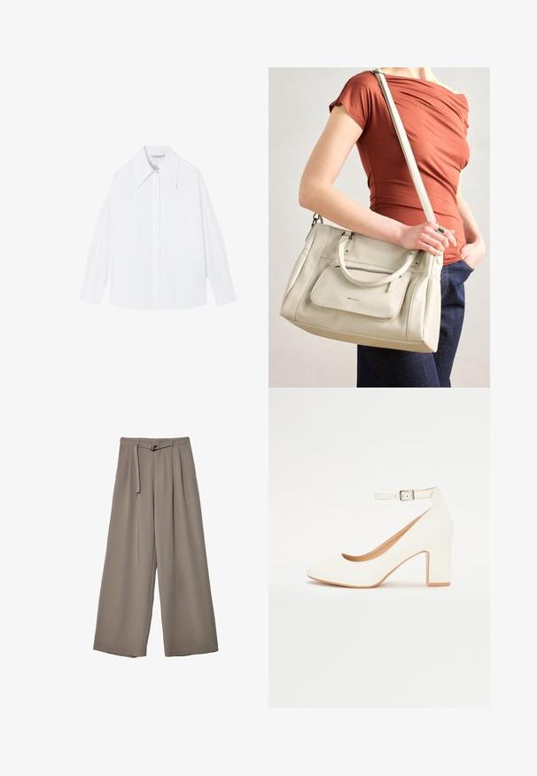 Camicia bianca a maniche lunghe realizzata in tessuto morbido. Presenta un ampio colletto, chiusura con bottoni e maniche larghe con una vestibilità rilassata.; Pantaloni a gamba larga in un morbido tessuto grigio tenue, con vita con cintura e pieghe per un tocco di design aggiuntivo. Texture liscia, senza motivi.; Scarpa bianca con tacco alto, punta affusolata, tacco blocco e cinturino alla caviglia. Finitura liscia con una leggera lucentezza e rivestimento interno beige.; Borsa a tracolla bianca in pelle con doppi manici e tracolla staccabile, dotata di una tasca con zip frontale e texture liscia. Portata al braccio di una persona.