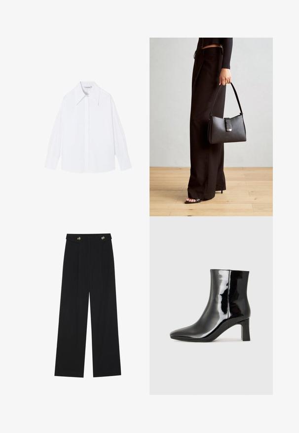 White, long-sleeve shirt made from smooth fabric. Features a large collar, button closure, and wide sleeves with a relaxed fit.; Black wide-leg trousers with high waist, button details on waistband, and front pleats.; Black patent leather ankle boot with a pointed toe and a mid-height block heel. Smooth texture and minimalist design.; Black handbag with structured shape, smooth texture, and a metallic clasp. Paired with wide black pants and open-toe sandals on wooden floor.