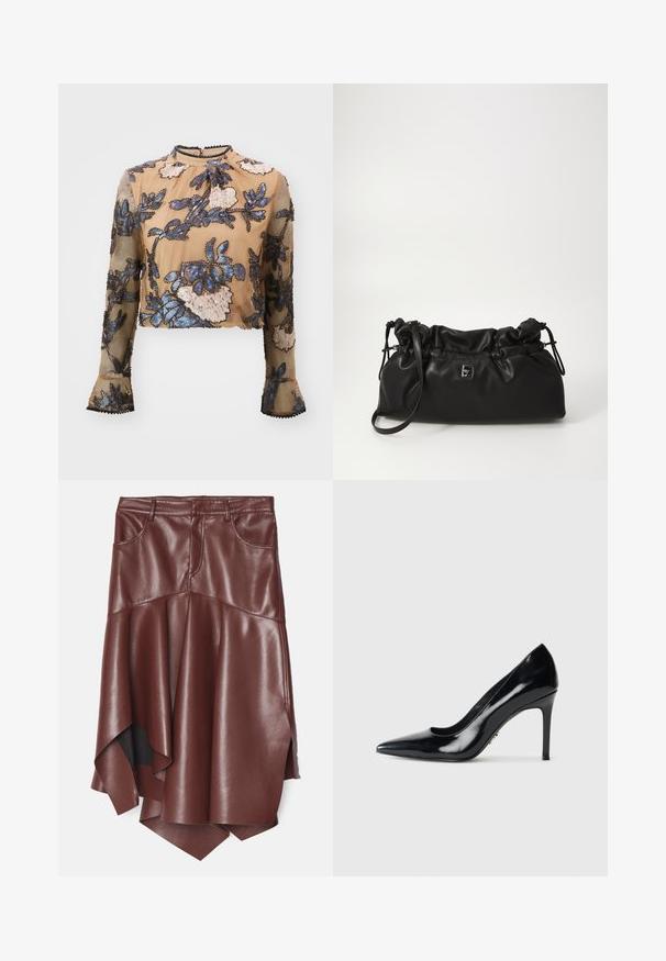 MUNTHE SERINO - Camicetta - camel; Gonna in ecopelle marrone con orlo asimmetrico e svasato, dotata di due tasche frontali e una texture liscia e lucida.; Décolleté nera in pelle verniciata con punta affilata e sottile tacco a stiletto su sfondo bianco semplice.; Borsa a sacca in pelle nera con texture morbida, forma arrotondata e tracolla regolabile. Presenta un piccolo logo metallico sulla parte anteriore.