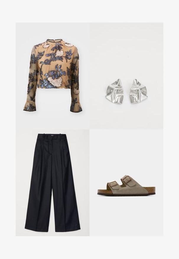 MUNTHE SERINO - Bluse - camel; Svart vide bukser laget av glatt stoff, med høy midje, folder og skreddersydd design. Enkle svarte detaljer i midjen.; Suedeskid sandal i lys grå med to justerbare spenner, en kork-midsåle og en teksturert gummiyttersåle.; Sølvmetall øredobber med et bølgete, skulpturelt design, preget av en polert finish og uregelmessige former, som fremhever en moderne estetikk.