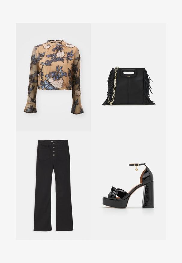 MUNTHE SERINO - Bluse - camel; Schwarze, ausgestellt geschnittene Jeans aus Denim mit hoher Taille, fünf Taschen und einem frontalen Knopfverschluss mit vier Metallknöpfen.; Maje High Heel Sandalette - noir; Schwarze Lederhandtasche mit Fransen-Details, goldener Ketten-Schulterriemen und einem ausgeschnittenen Griff. Mit Logoplatzierung auf der Vorderseite.