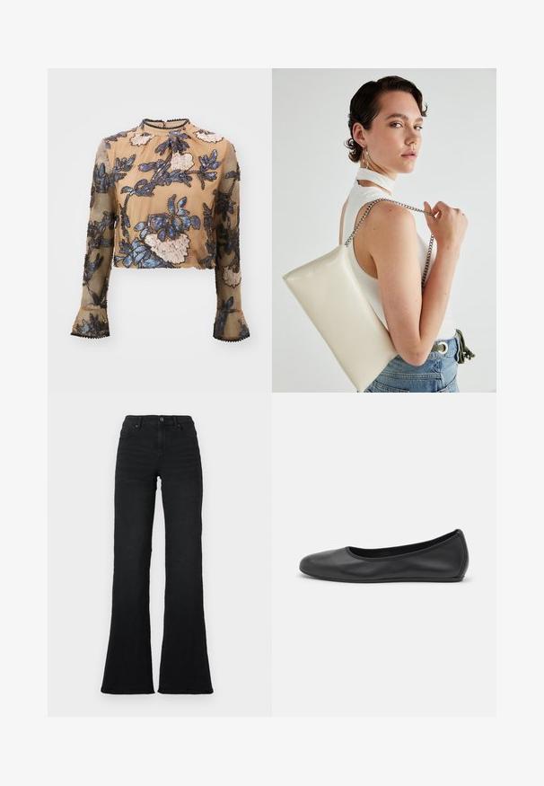 MUNTHE SERINO - Pusero - camel; Mustat korkeavyötäröiset leveälahkeiset farkut etutaskuilla, vyölenkeillä ja nappikiinnityksellä valkoista taustaa vasten.; Musta nahkainen ballerina, jossa on pyöristetty kärki, sileä pinta, minimaalinen ommelkoristelu ja joustava pohjamuotoilu.; Valkoinen suorakulmainen clutch-laukku, joka on valmistettu kiiltävästä materiaalista ja jossa on hopeinen ketjuolkahihna. Malli poseeraa laukku käsivarsillaan yksinkertaista taustaa vasten.