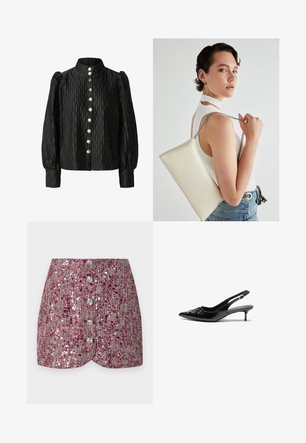 Blusa nera, strutturata, con colletto alto, maniche a sbuffo e chiusura frontale con bottoni metallici e motivo a onde.; Gonna rosa in paillettes con una trama testurizzata, caratterizzata da un design aderente e cinque bottoni argentati sul davanti. Orlo sagomato e dettagli scintillanti.; Tacchi slingback in pelle nera con punta affusolata, piccolo tacco kitten e un dettaglio a nodo decorativo sulla parte anteriore. Texture liscia su tutta la superficie.; Borsa a pochette rettangolare bianca realizzata in materiale lucido, con una tracolla in catena argentata. Il modello posa, mostrando la borsa su uno sfondo semplice.