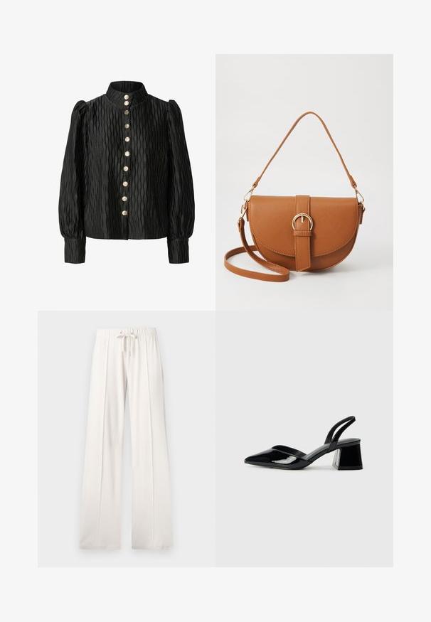 Zwarte, gestructureerde blouse met een hoge kraag, gedrefte mouwen en een knoopsluiting met metalen knopen en een golvenpatroon.; Lichtbeige sweatpants van zacht materiaal, met een trekkoord in de taille, wijde pijpen en verticale naden, met een gladde textuur.; Zwarte gepatineerde leren slingback hakken met een spitse neus en een geometrische blokhak. Kenmerkt zich door een slank, minimalistisch ontwerp en een gladde textuur.; Bruine leren schoudertas met een gebogen vorm, gouden hardware en een gespaccent. Bevat een afneembare schouderriem.