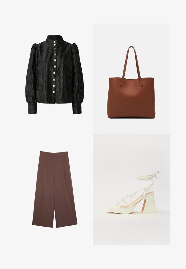 Musta, tekstuurinen paita korkealla kauluksella, puffi hihoilla ja nappikiinnitys, jossa on metalliset napit ja aaltoilu kuvio.; Ruskeat leveälahkeiset housut, joissa on sileä pinta, korkea vyötärö ja etupleat. Kangas on kevyttä ja laskeutuu väljänä.; Valkoinen korkokenkä, jossa on paksu korko, ja joka sisältää nauhakiinnityksen ja nilkkaketjun. Sujuva pinta, jossa on platform-etupohja lisäkorkeutta varten.; Ruskea nahkainen olkalaukku, jossa on sileä pinta, avoin yläosa ja kaksi olkahihnaa. Omaavat vain minimaalisen ompelun eikä näkyvää metalliosaa.