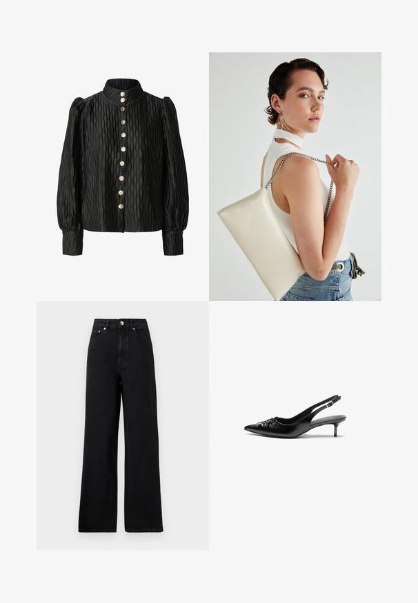 Blusa nera, strutturata, con colletto alto, maniche a sbuffo e chiusura frontale con bottoni metallici e motivo a onde.; Jeans in denim nero a vita alta con un design a gamba larga, dotati di cinque tasche e dettagli in metallo argentato. Tessuto complessivamente morbido.; Tacchi slingback in pelle nera con punta affusolata, piccolo tacco kitten e un dettaglio a nodo decorativo sulla parte anteriore. Texture liscia su tutta la superficie.; Borsa a pochette rettangolare bianca realizzata in materiale lucido, con una tracolla in catena argentata. Il modello posa, mostrando la borsa su uno sfondo semplice.