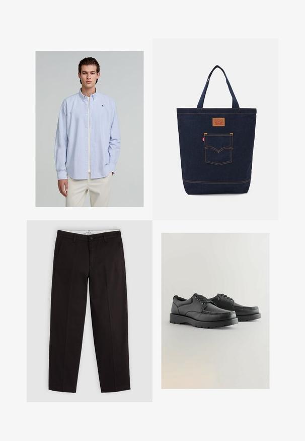 Lysblå og hvid stribet button-up skjorte med lange ærmer; har en krave og et lille broderet logo på brystet.; Sorte lige chinos med bælteløkker, knaplukning og sidelommer, præsenteret på en lys grå baggrund.; Sorte lædersko med struktureret overdel, rund tå, snørebåndsdesign og tykke gummisåler med et slidbanemønster.; Mørkeblå denim tote bag med to håndtag, synlige sømme og en frontlomme med et klassisk logo-patch.