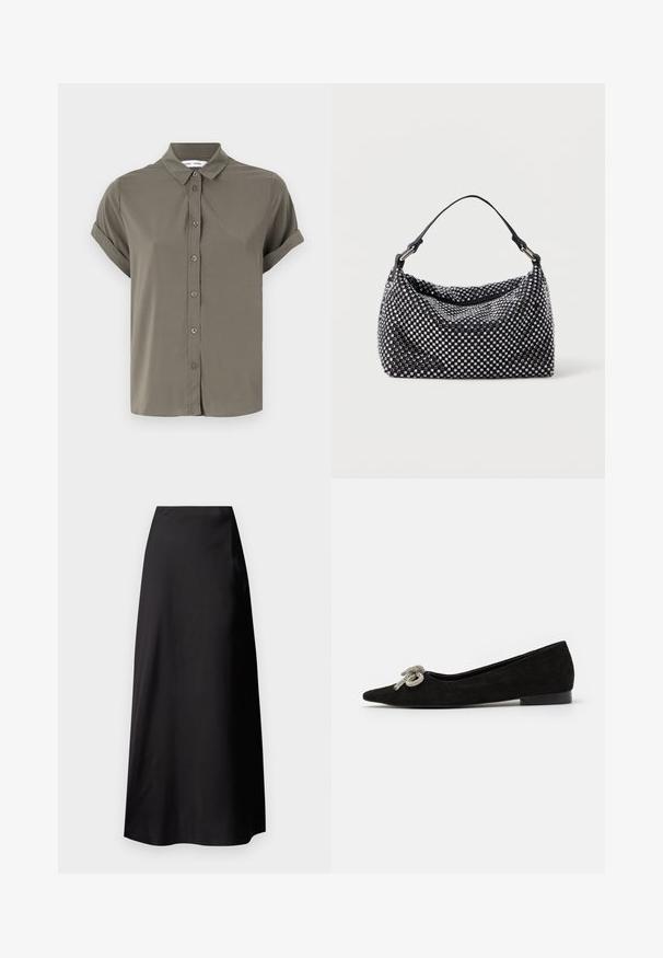 Košulja s kratkim rukavima u maslinasto zelenoj boji, napravljena od glatkog materijala, s prednjim kopčanjem, preklopnim ovratnikom i smotanim manžetama.; Crna saten maxi suknja s glatkom teksturom, visokim strukom, lepršavim siluetom i bez vidljivih uzoraka ili metalnih detalja.; Crna semiš balerinka s oštrim nosom, ukrašena dekorativnom srebrnom mašnom sprijeda, s niskom petom.; Crna i srebrna torba s tkanom, teksturiranom površinom koja sadrži kvadratne uzorke, s jednim gornjim ručkom i opuštenim dizajnom.