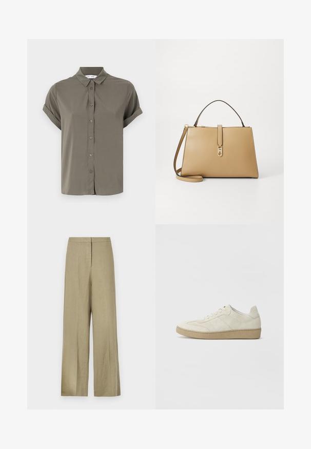 Short-sleeve olive green shirt, made of smooth fabric, featuring a button-up front, fold-over collar, and rolled cuffs.; Light green, wide-leg trousers made from linen. Features a high waist and clean front design with a single pleat.; Beige suede sneakers with a textured design, flat rubber sole, and distinct side stitching. Round toe and padded collar detail.; Tommy Hilfiger LIBRE SATCHEL - Handbag - safari