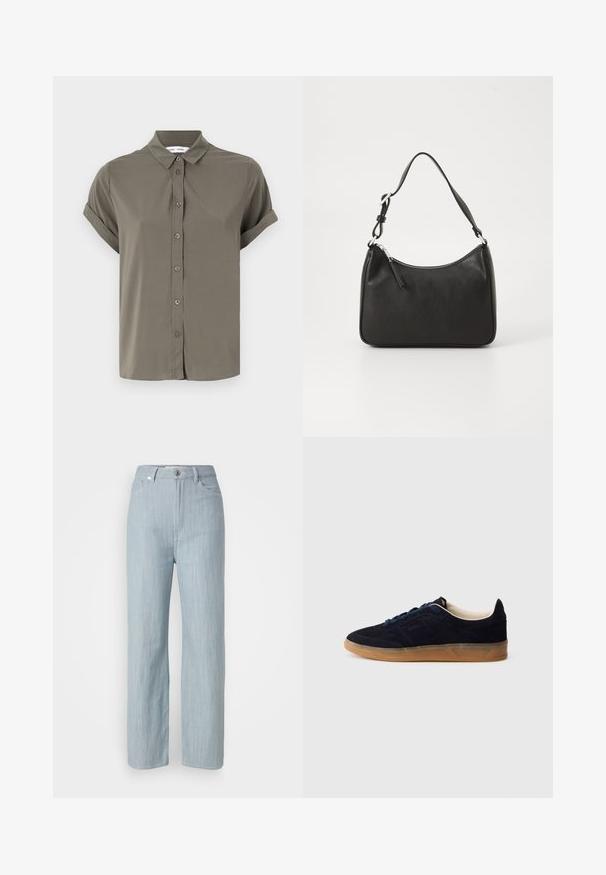 Short-sleeve olive green shirt, made of smooth fabric, featuring a button-up front, fold-over collar, and rolled cuffs.; Light blue straight-leg jeans made of denim. Features five pockets, a metal button closure, and subtle whiskering for texture.; Navy suede sneaker with a gum rubber sole, blue laces, and minimalist design. Features embossed logo on the side and smooth inner lining.; Black leather handbag with a curved shape, a single strap, zip closure, and subtle branding on the front. Smooth texture, minimalist design.