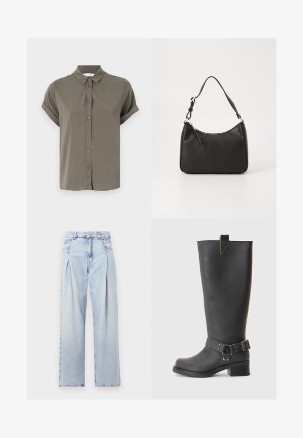Camicia verde oliva a maniche corte, realizzata in tessuto morbido, con chiusura a bottoni sul davanti, colletto a risvolto e polsini arrotolati.; Jeans in denim azzurro chiaro con vita alta, taglio a gamba larga, due tasche laterali e design plissettato. Texture morbida con una finitura sbiadita.; Stivale nero in pelle alta fino al ginocchio con finitura texturizzata, caratterizzato da un'accento a fibbia laterale e un tacco basso. Cuciture dettagliate lungo le cuciture.; Borsa a tracolla in pelle nera con forma curva, una tracolla singola, chiusura con zip e marchio discreto sul fronte. Texture liscia, design minimalista.