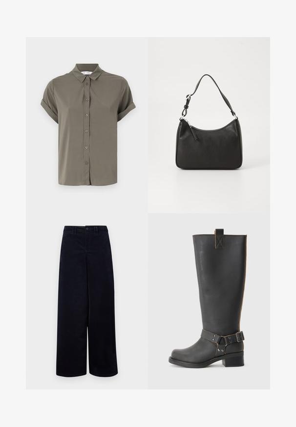 Košile s krátkým rukávem olivově zelené barvy, vyrobená z hladkého materiálu, s zapínáním na knoflíky, klopovým límcem a ohrnutými manžetami.; Námořnické široké kalhoty vyrobené z texturované látky. Mají přední zapínání na knoflík, poutka na opasek a kapsy po obou stranách.; Černé kožené vysoké boty po kolena s texturovaným povrchem, které mají boční kovovou sponu a nízký podpatek. Podrobné šití podél švů.; Černá kožená kabelka s zakřiveným tvarem, s jedním popruhem, zipovým uzávěrem a decentním logem na přední straně. Hladká textura, minimalistický design.